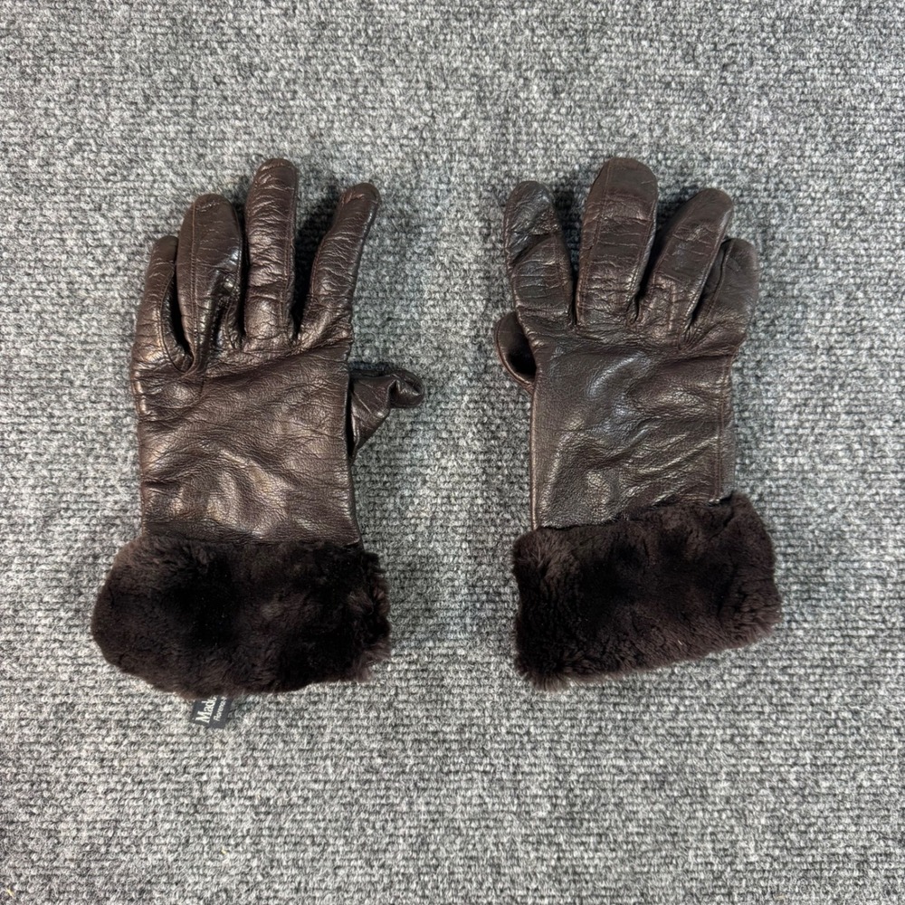 Madova Italy Womens Leather Gloves Brown Fur Trim 100% Cashmere Lined Size 8